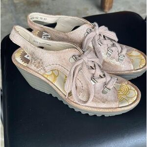 Fly London Ylfa Lace-up Wedge Sandals Leather Metallic Gold Size 37 UK 6-6.5 US